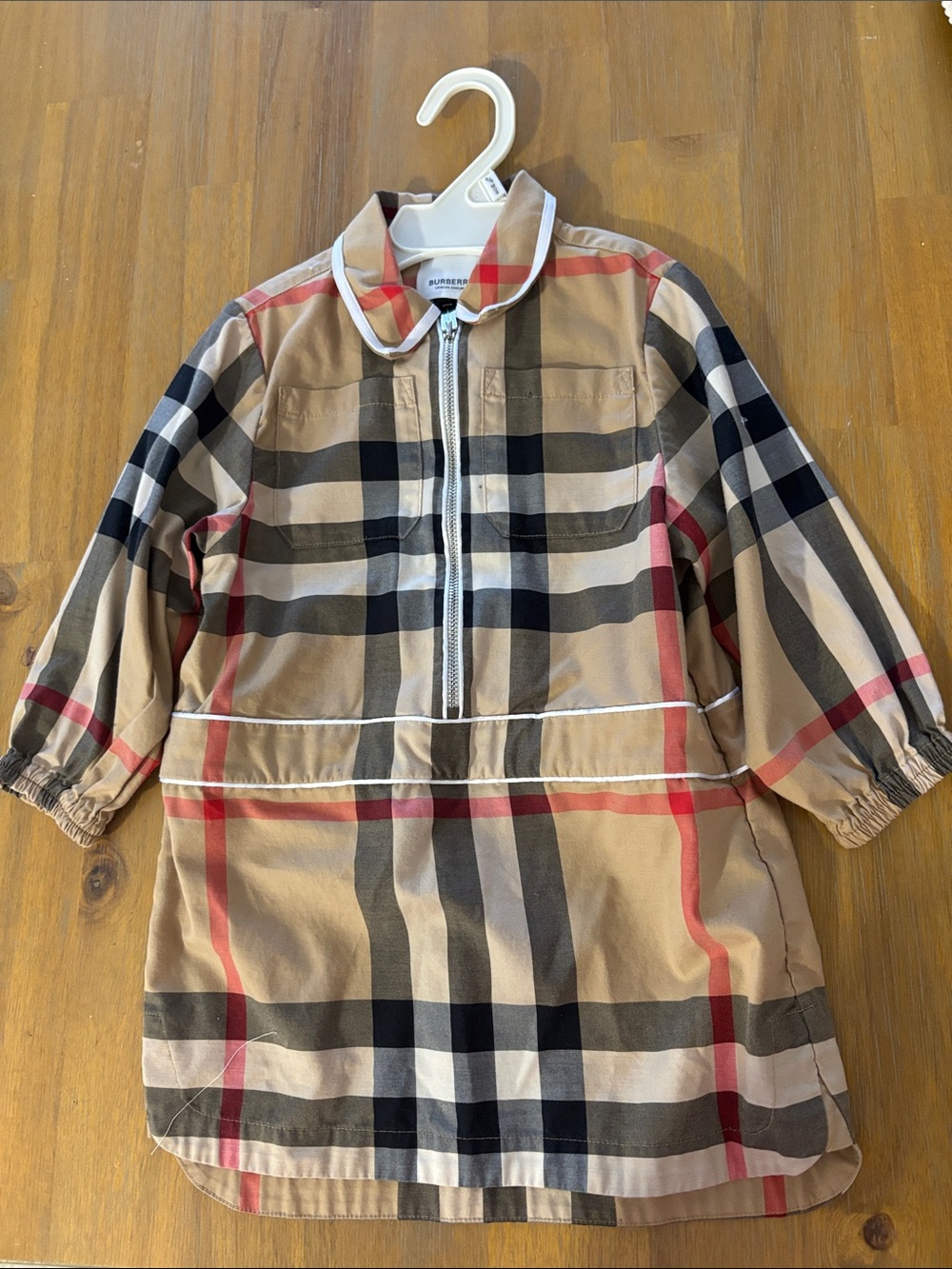 Burberry Beige Plaid Kids Zip-Front Raincoat with Red & Black Accents